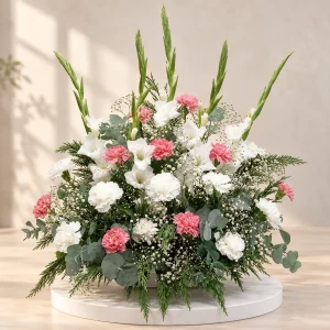 Centro de gladiolos y claveles blancos y rosas con paniculata