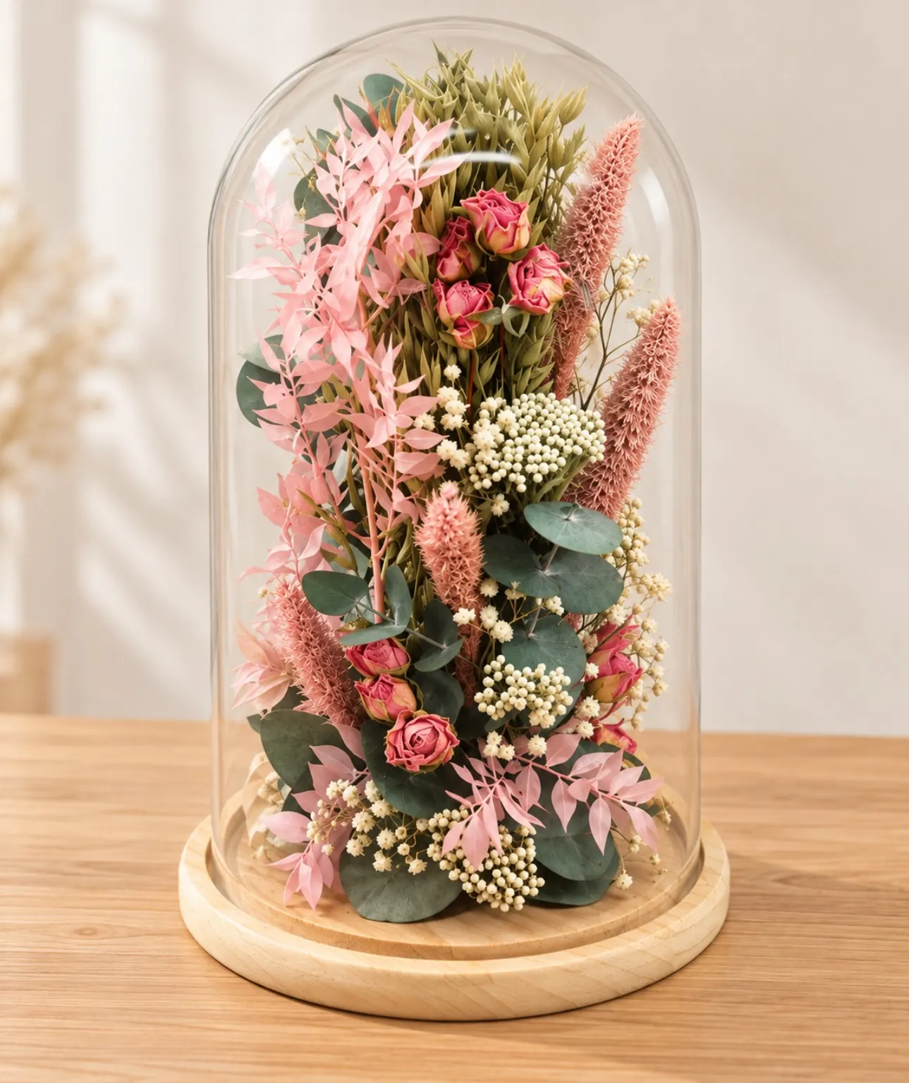 Cúpula de flores preservadas y secas Rosélie con pequeñas rosas rosadas, eucalipto y flores decorativas en tonos suaves, sobre base de madera.